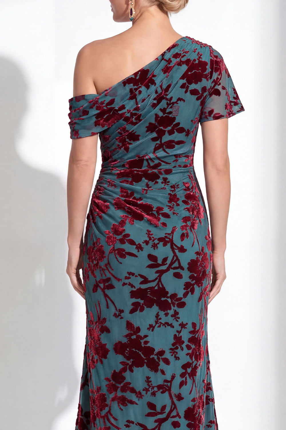 One Shoulder Fuchsia Mermaid Velvet Floral Long Mother of the Bride Dress