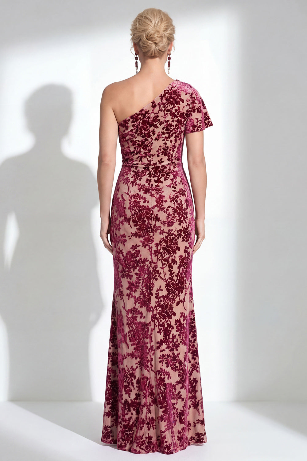One Shoulder Fuchsia Mermaid Velvet Floral Long Mother of the Bride Dress