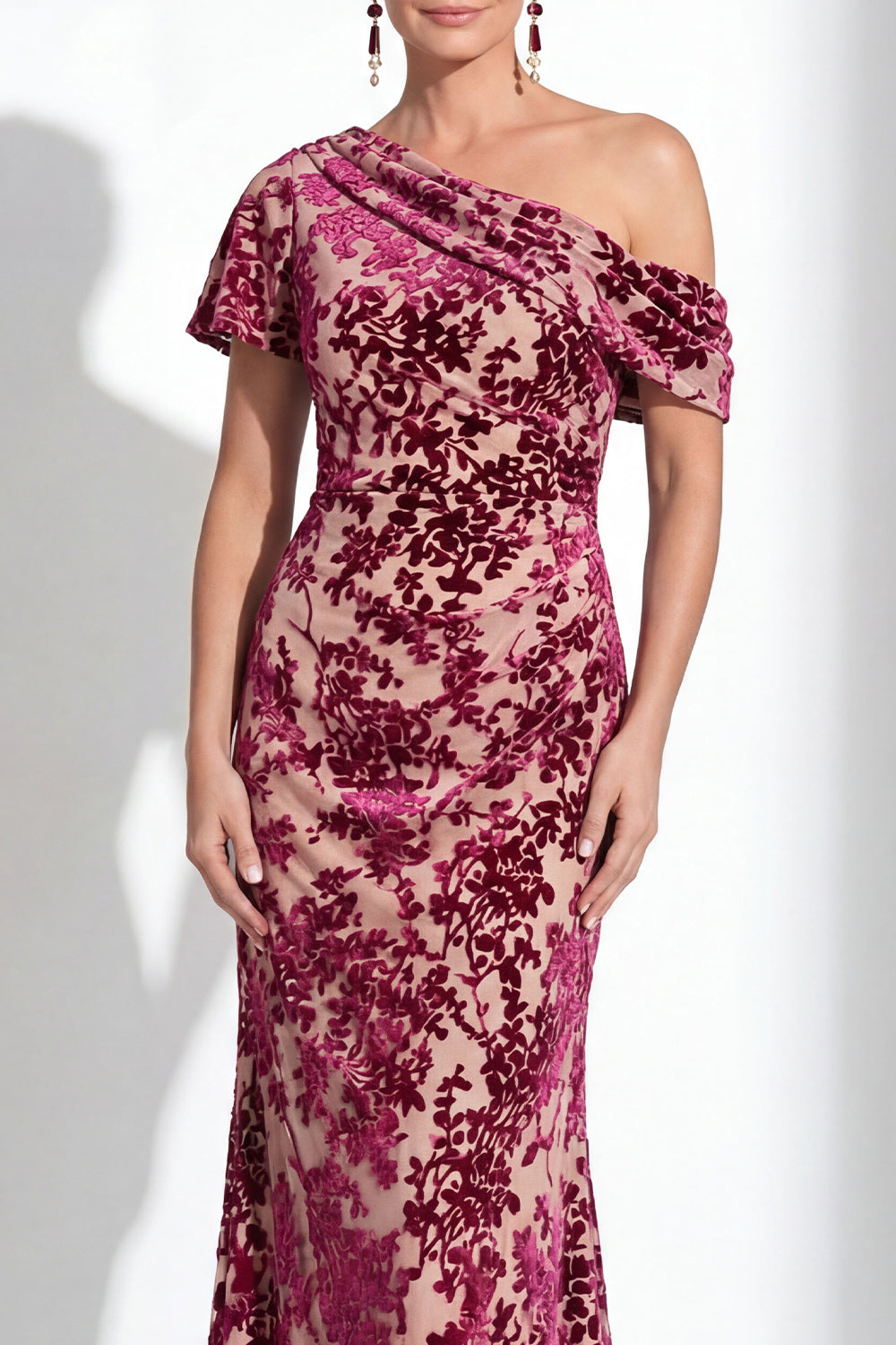 One Shoulder Fuchsia Mermaid Velvet Floral Long Mother of the Bride Dress