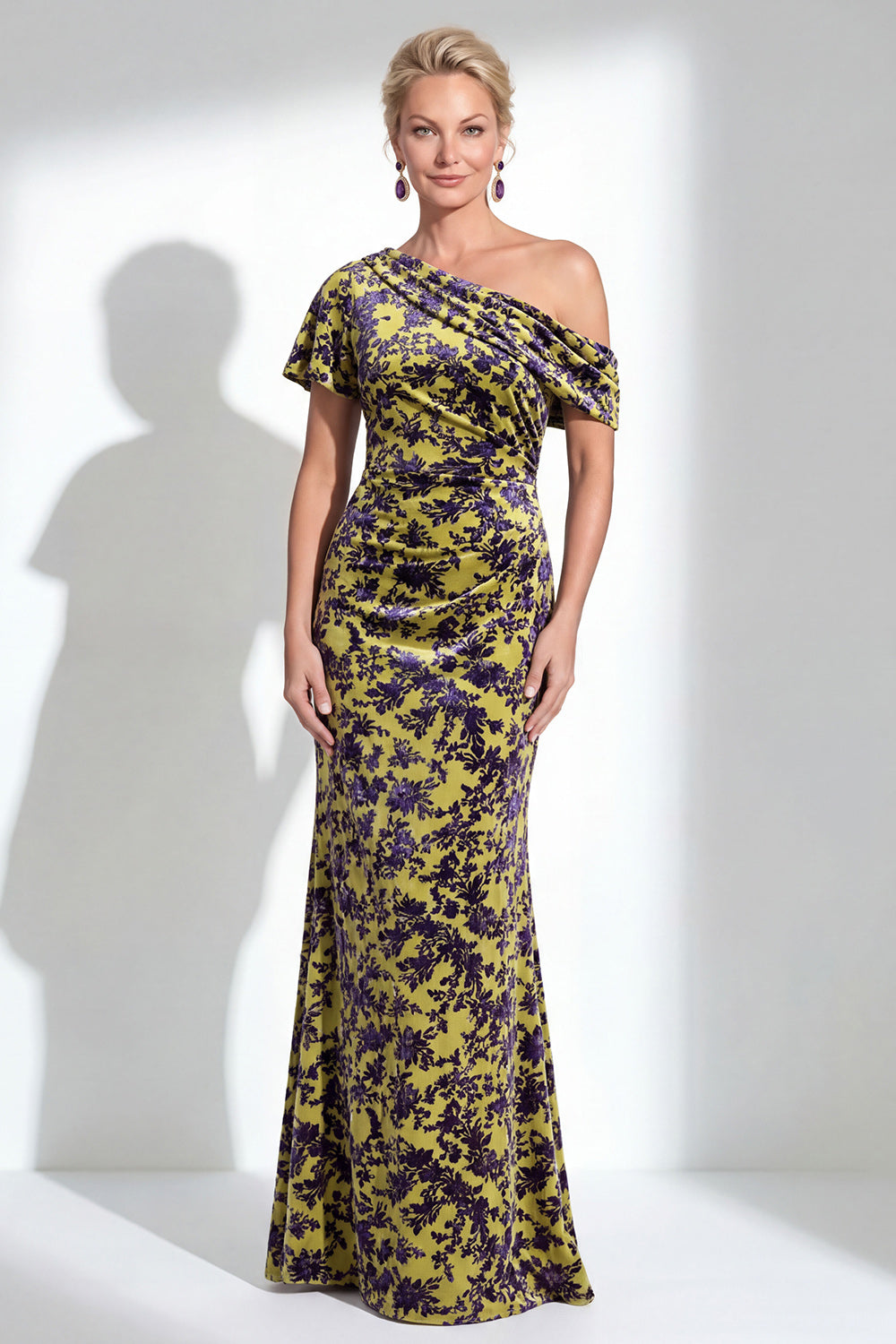 One Shoulder Fuchsia Mermaid Velvet Floral Long Mother of the Bride Dress