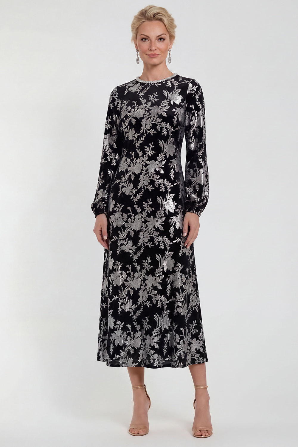 Fuchsia A-Line Round Neck Velvet Floral Midi Mother of the Bride Dress with Long Sleeves