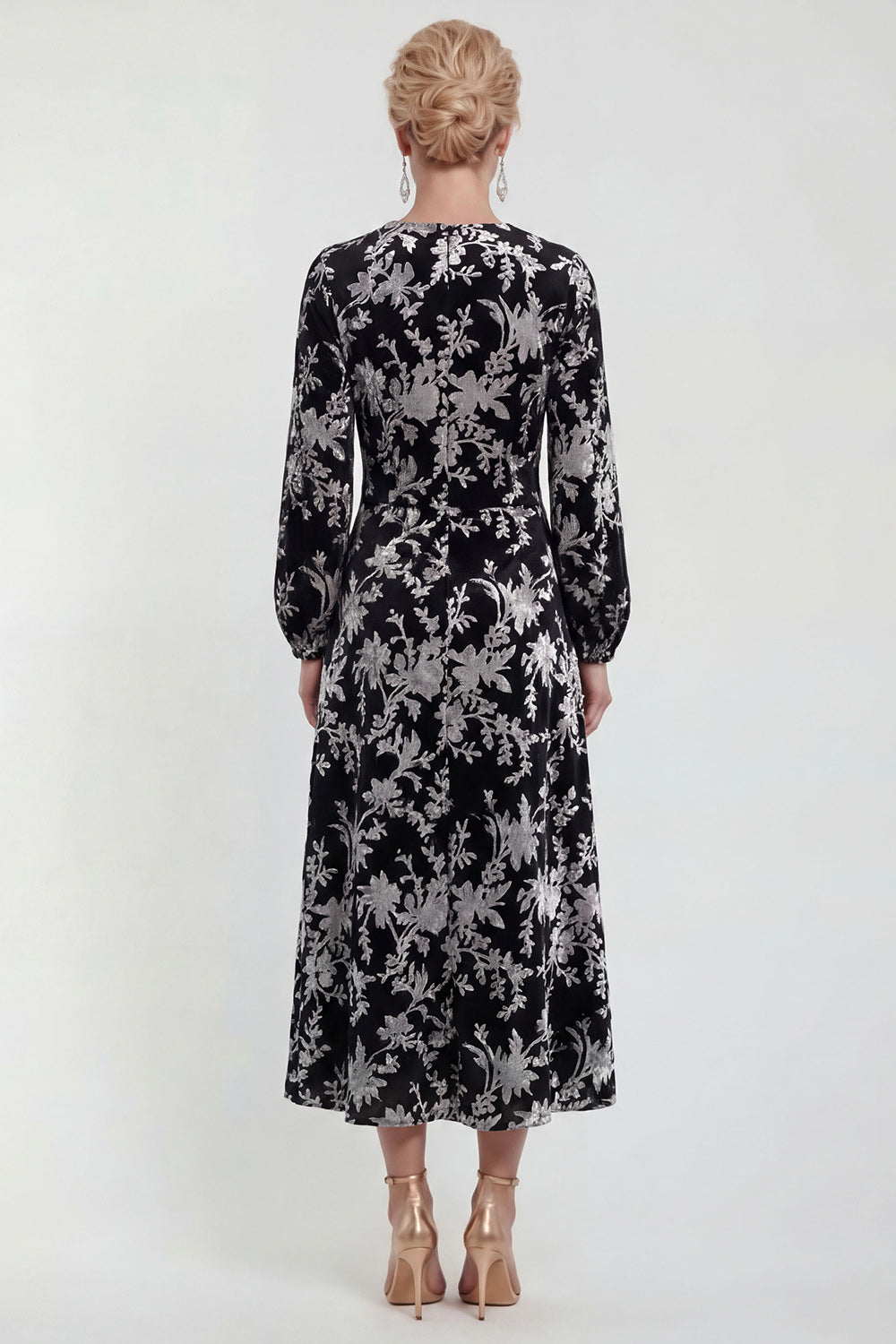 Fuchsia A-Line Round Neck Velvet Floral Midi Mother of the Bride Dress with Long Sleeves