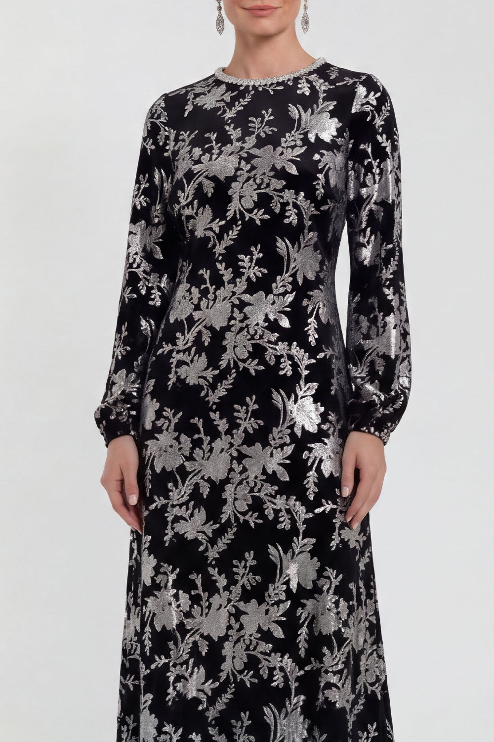 Fuchsia A-Line Round Neck Velvet Floral Midi Mother of the Bride Dress with Long Sleeves