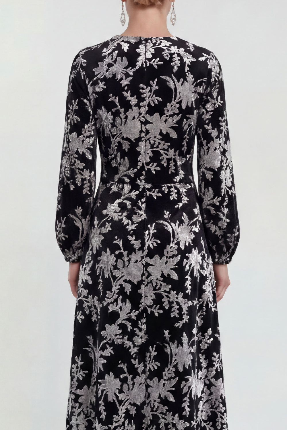 Fuchsia A-Line Round Neck Velvet Floral Midi Mother of the Bride Dress with Long Sleeves