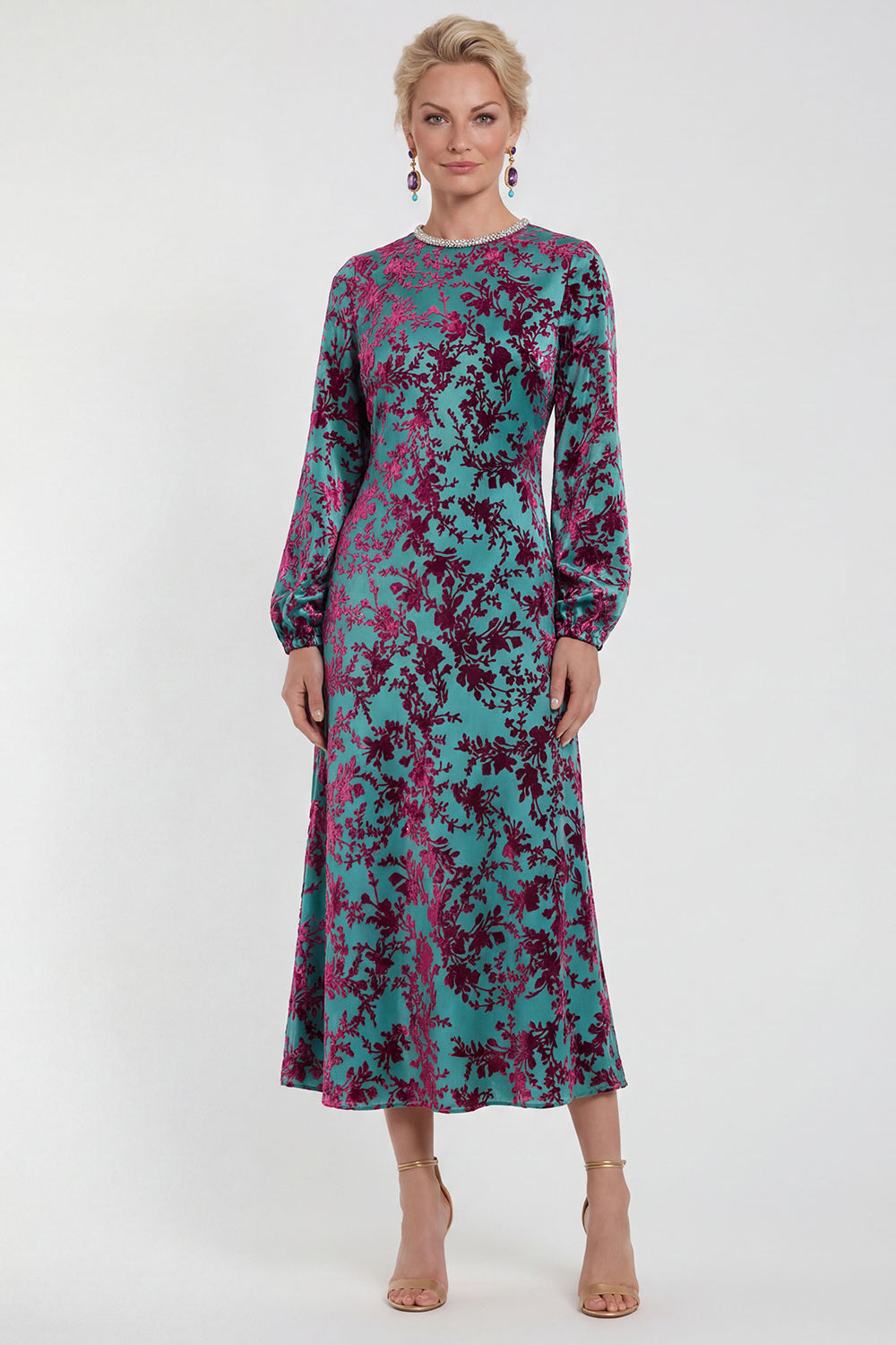 Fuchsia A-Line Round Neck Velvet Floral Midi Mother of the Bride Dress with Long Sleeves