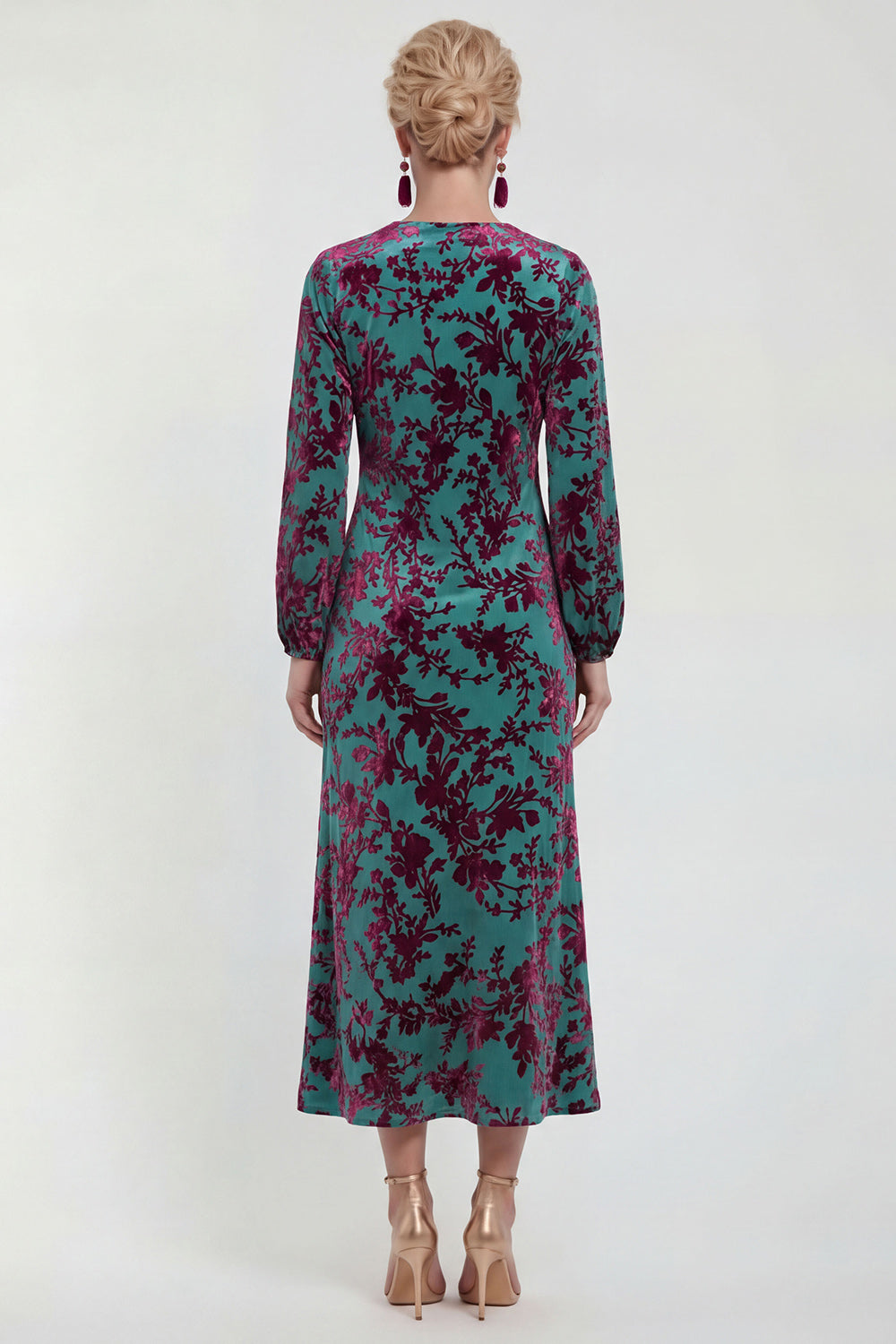 Fuchsia A-Line Round Neck Velvet Floral Midi Mother of the Bride Dress with Long Sleeves
