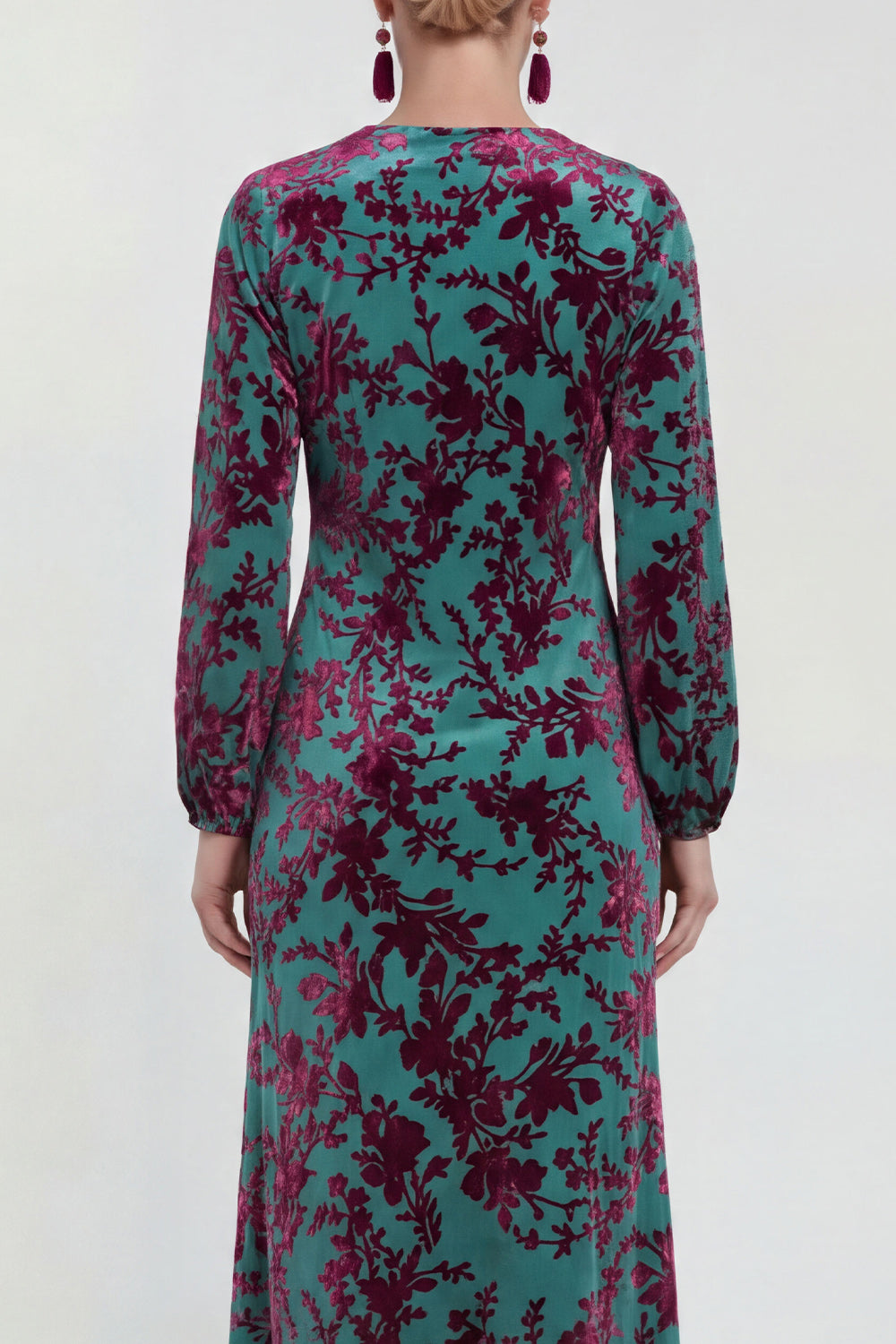 Fuchsia A-Line Round Neck Velvet Floral Midi Mother of the Bride Dress with Long Sleeves