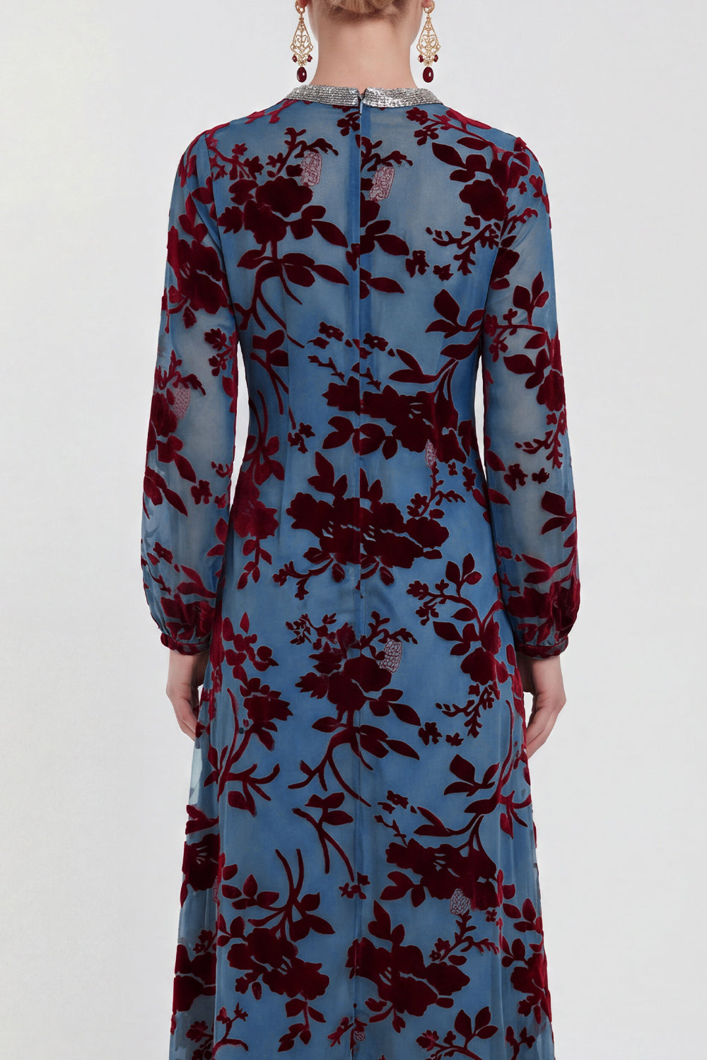 Fuchsia A-Line Round Neck Velvet Floral Midi Mother of the Bride Dress with Long Sleeves