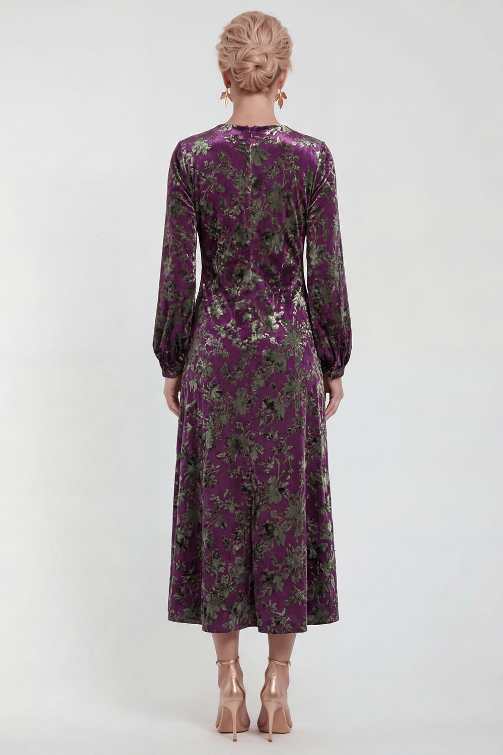 Fuchsia A-Line Round Neck Velvet Floral Midi Mother of the Bride Dress with Long Sleeves