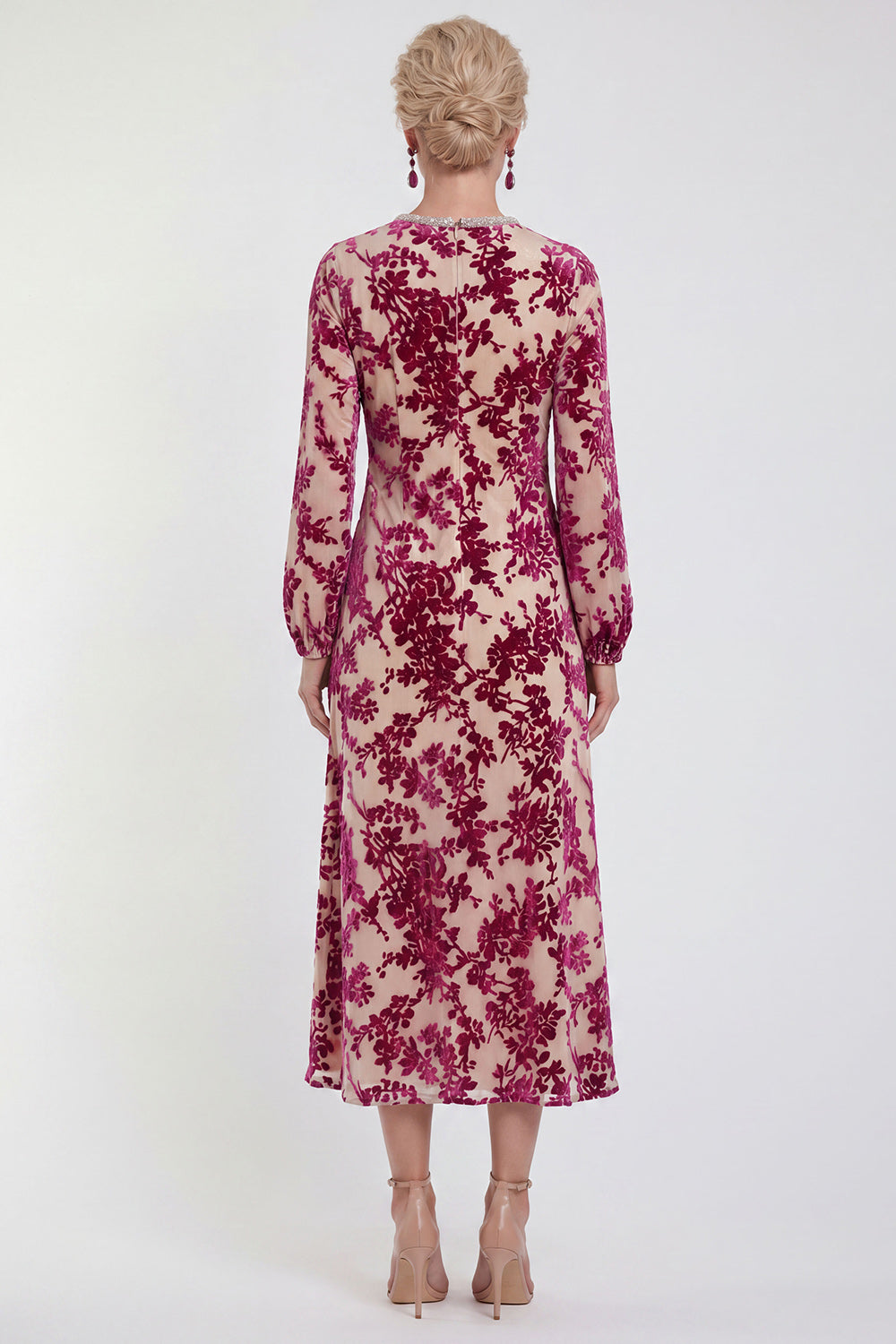 Fuchsia A-Line Round Neck Velvet Floral Midi Mother of the Bride Dress with Long Sleeves