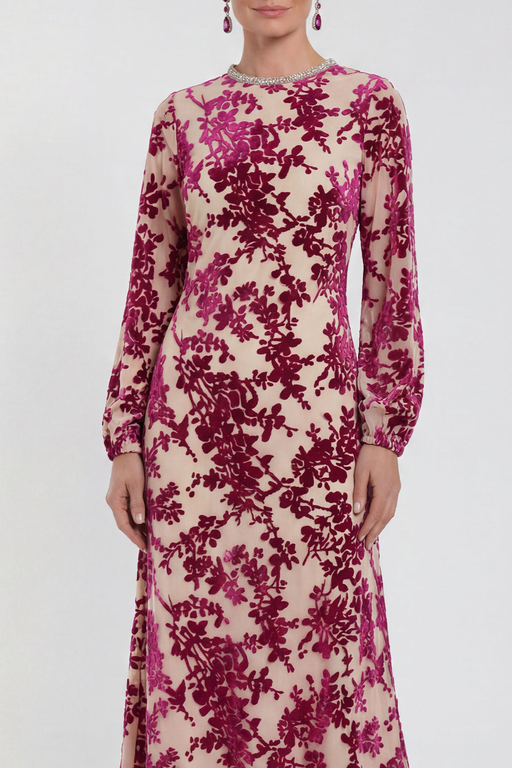 Fuchsia A-Line Round Neck Velvet Floral Midi Mother of the Bride Dress with Long Sleeves