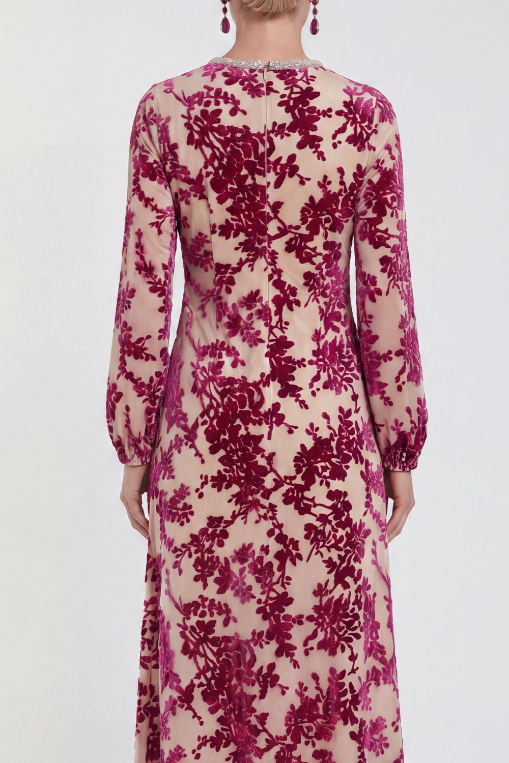 Fuchsia A-Line Round Neck Velvet Floral Midi Mother of the Bride Dress with Long Sleeves