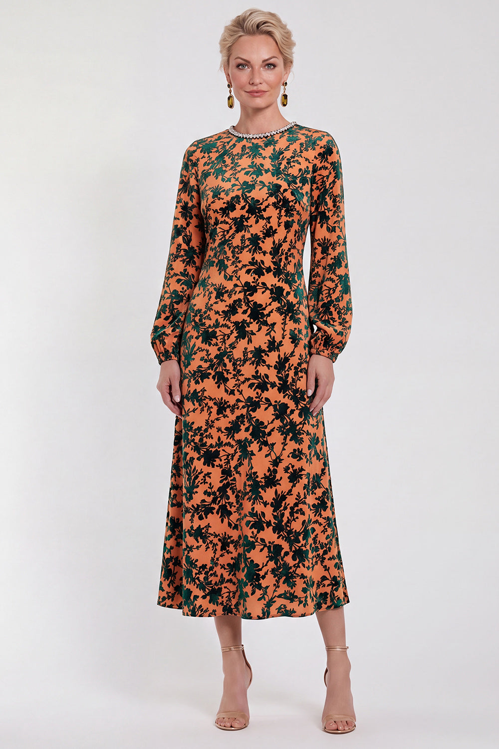 Fuchsia A-Line Round Neck Velvet Floral Midi Mother of the Bride Dress with Long Sleeves