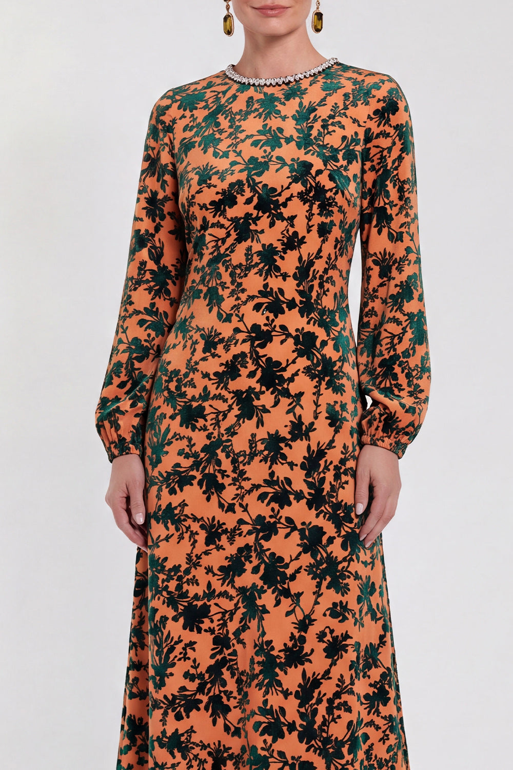 Fuchsia A-Line Round Neck Velvet Floral Midi Mother of the Bride Dress with Long Sleeves