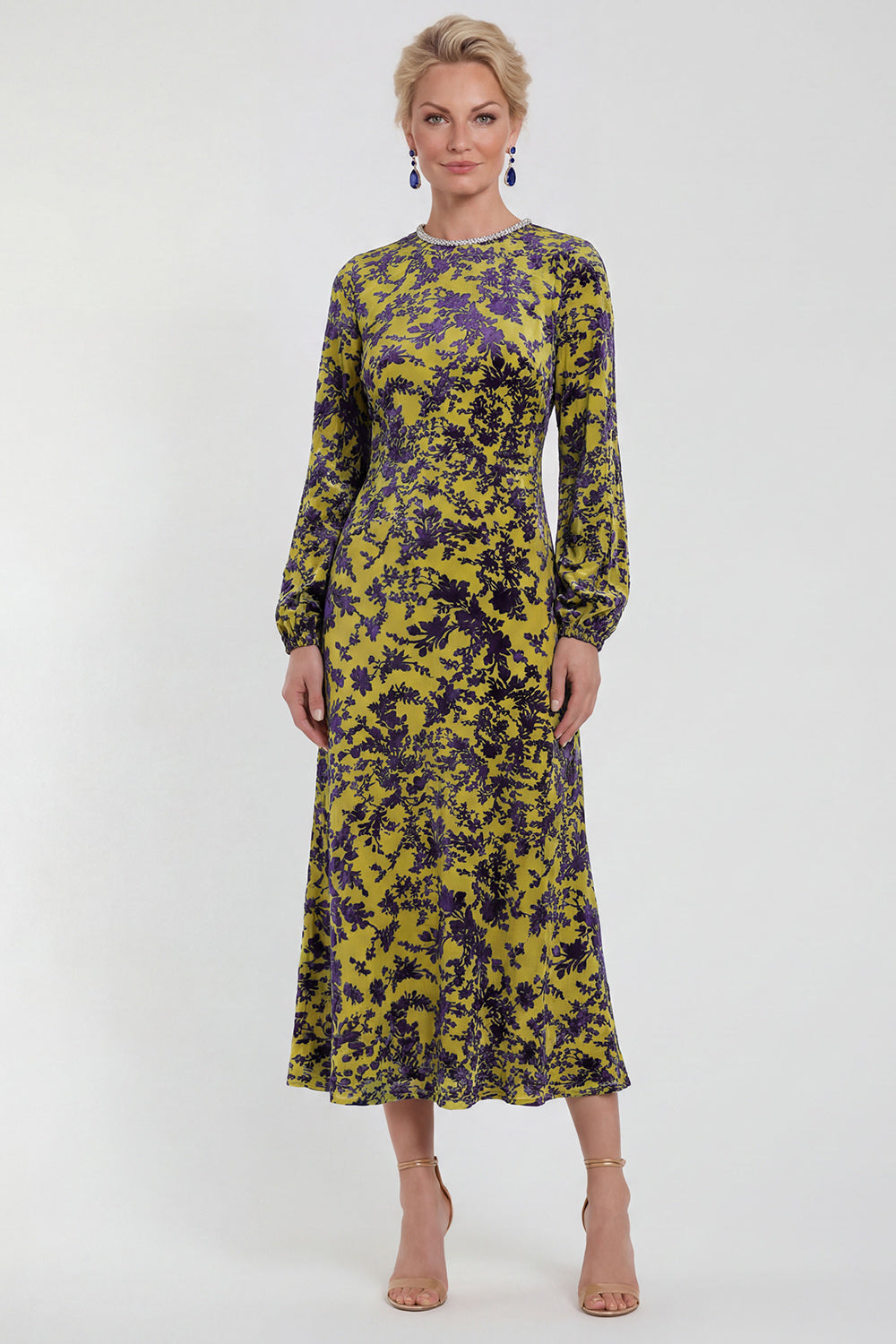 Fuchsia A-Line Round Neck Velvet Floral Midi Mother of the Bride Dress with Long Sleeves