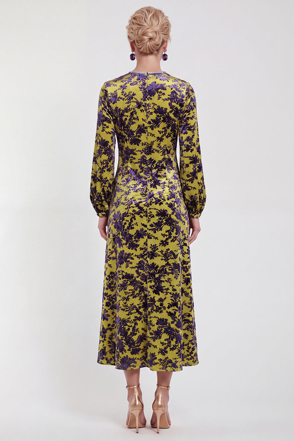 Fuchsia A-Line Round Neck Velvet Floral Midi Mother of the Bride Dress with Long Sleeves