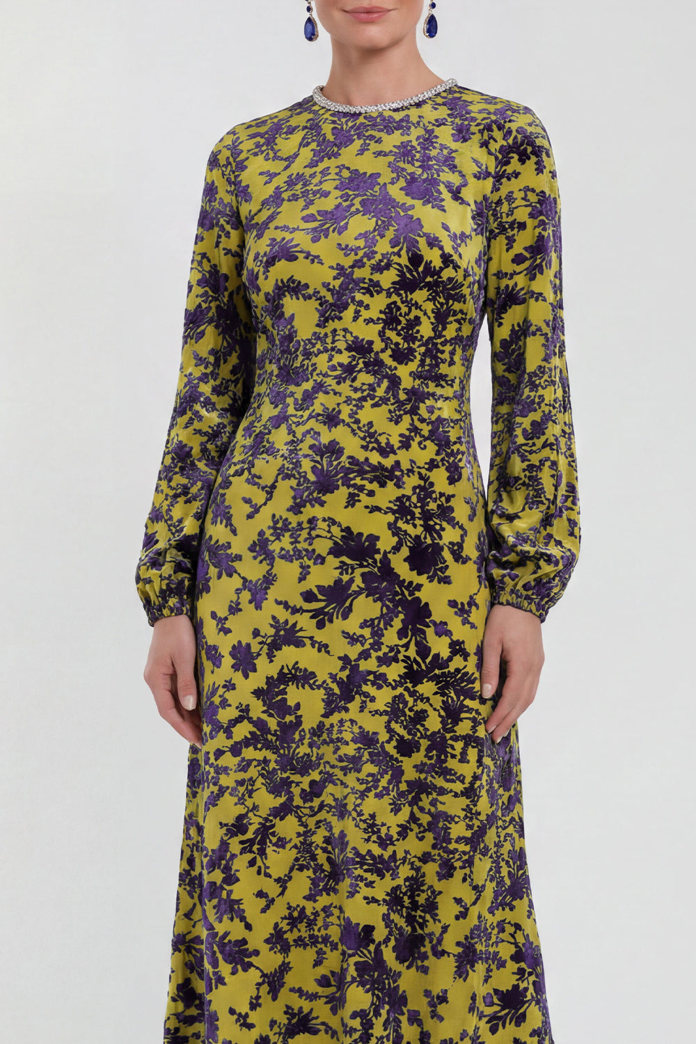 Fuchsia A-Line Round Neck Velvet Floral Midi Mother of the Bride Dress with Long Sleeves