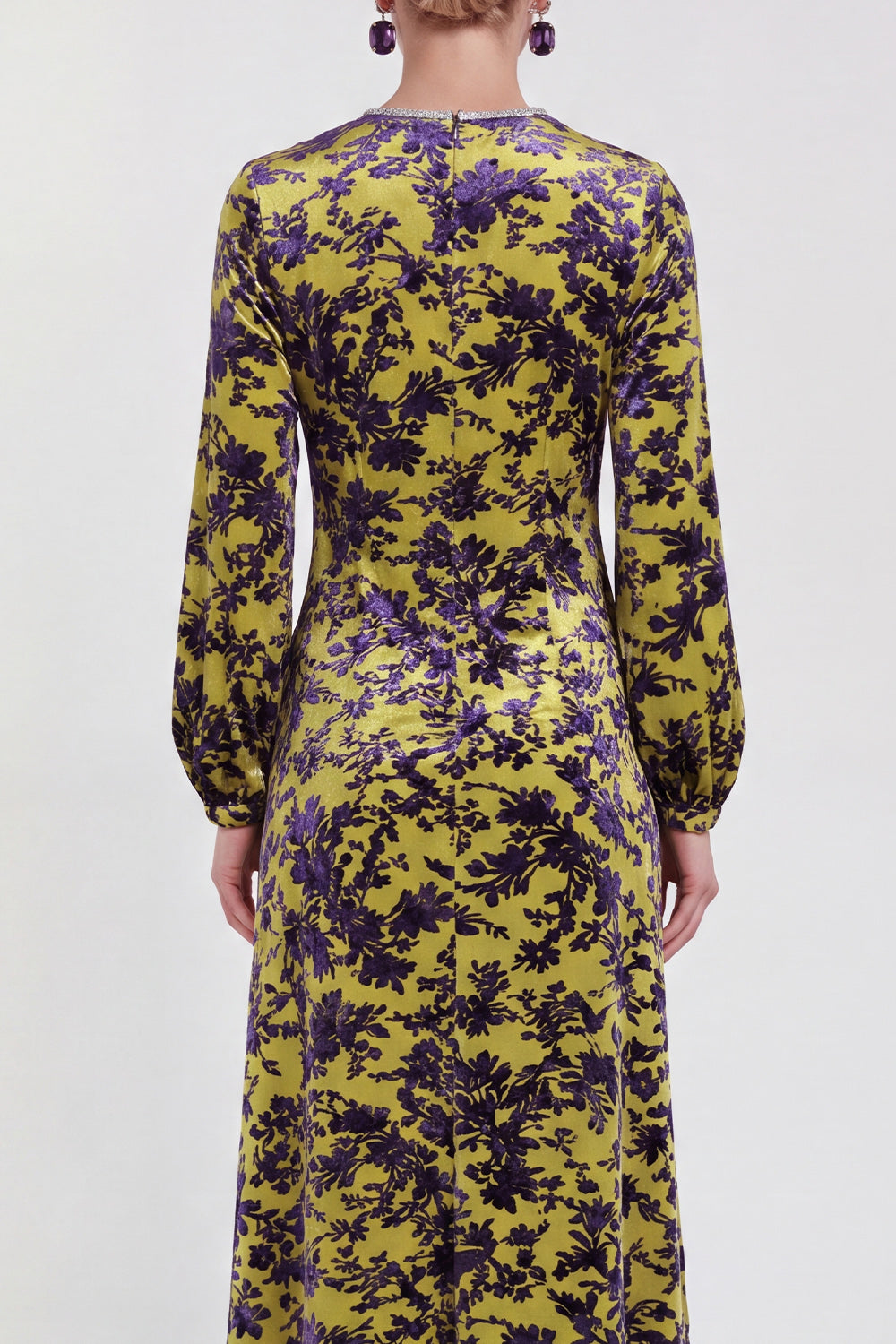 Fuchsia A-Line Round Neck Velvet Floral Midi Mother of the Bride Dress with Long Sleeves