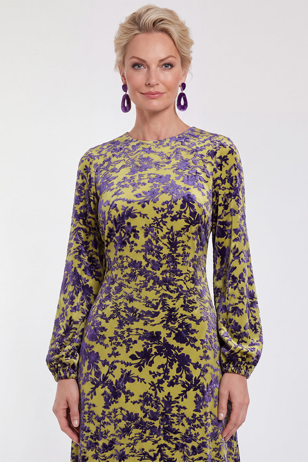 Fuchsia A-Line Round Neck Velvet Floral Midi Mother of the Bride Dress with Long Sleeves