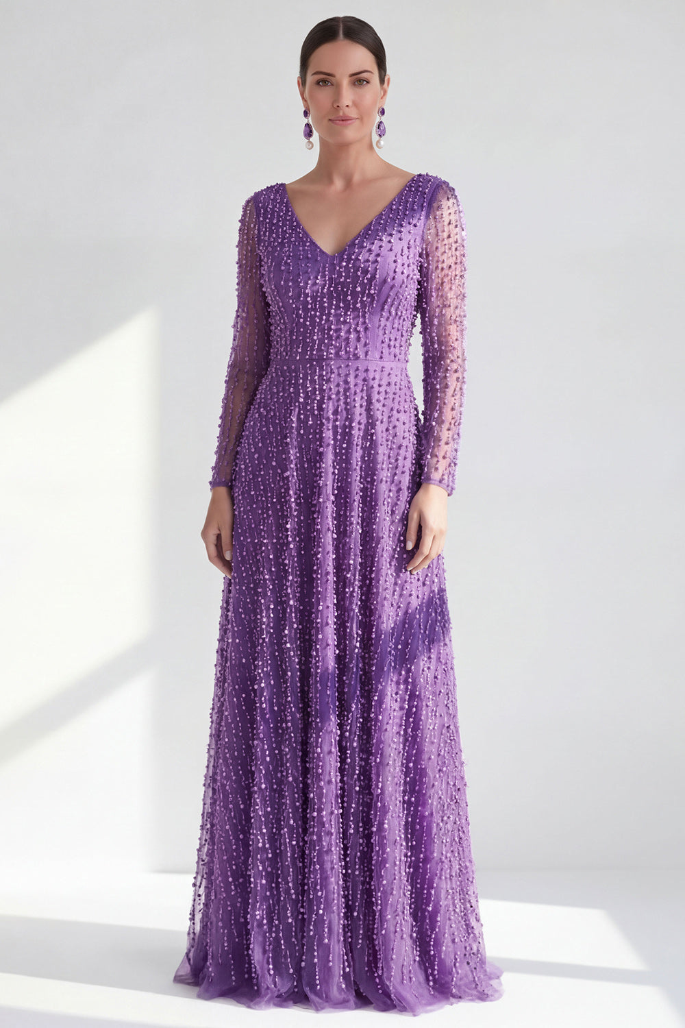 A-Line Dark Purple V-Neck Long Mother of the Bride Dress with Long Sleeves
