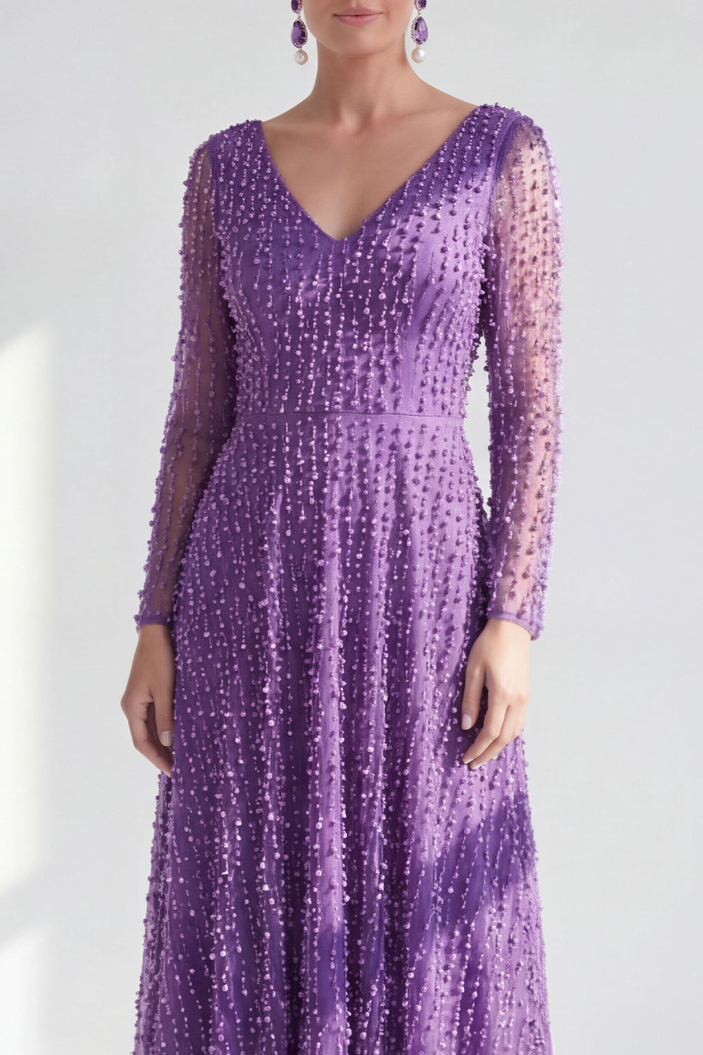 A-Line Dark Purple V-Neck Long Mother of the Bride Dress with Long Sleeves