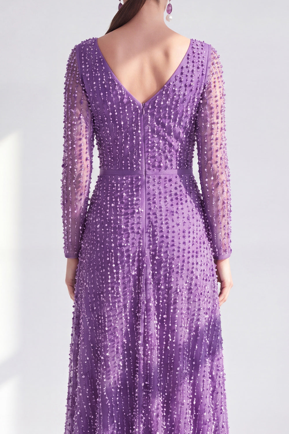 A-Line Dark Purple V-Neck Long Mother of the Bride Dress with Long Sleeves