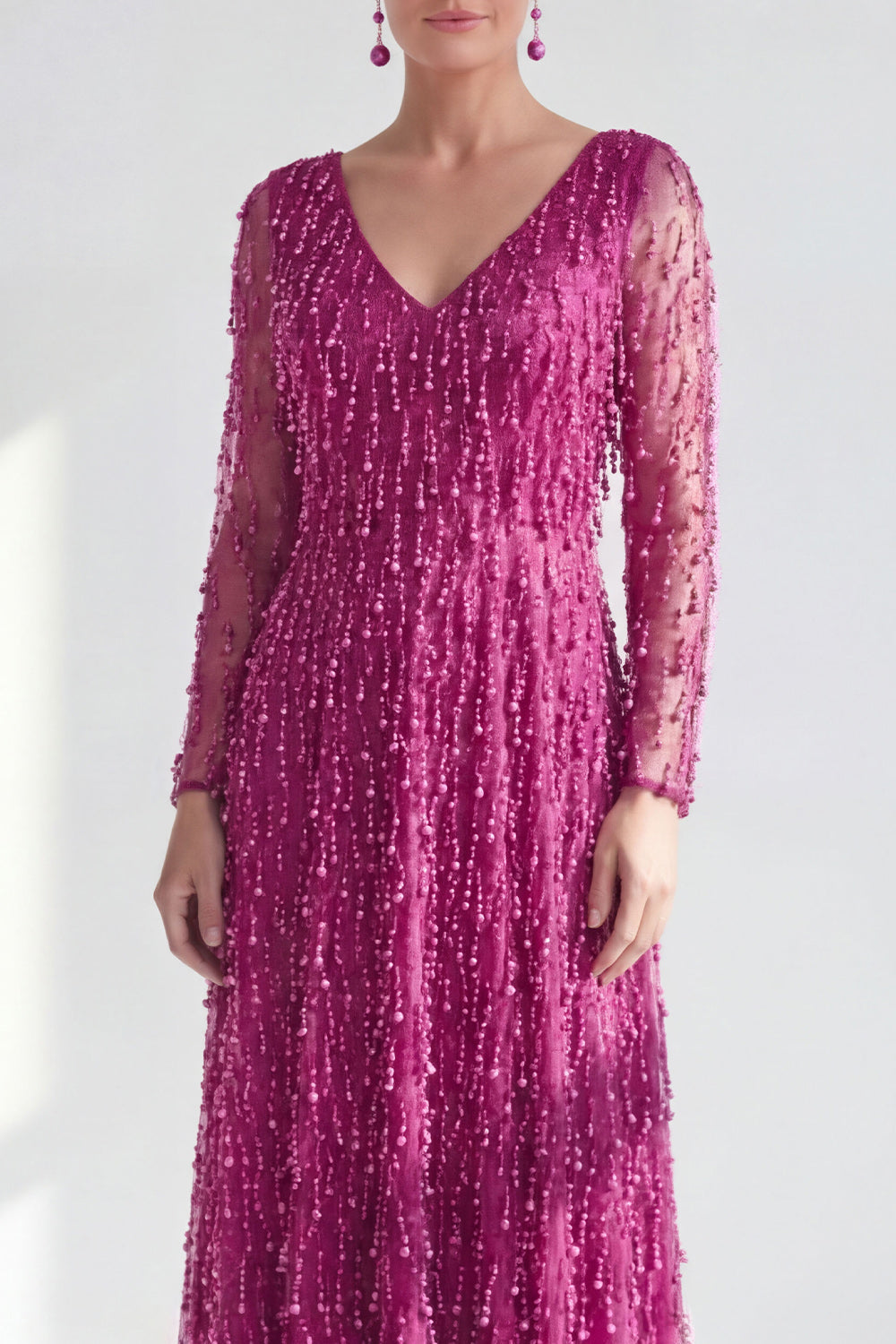 A-Line Dark Purple V-Neck Long Mother of the Bride Dress with Long Sleeves