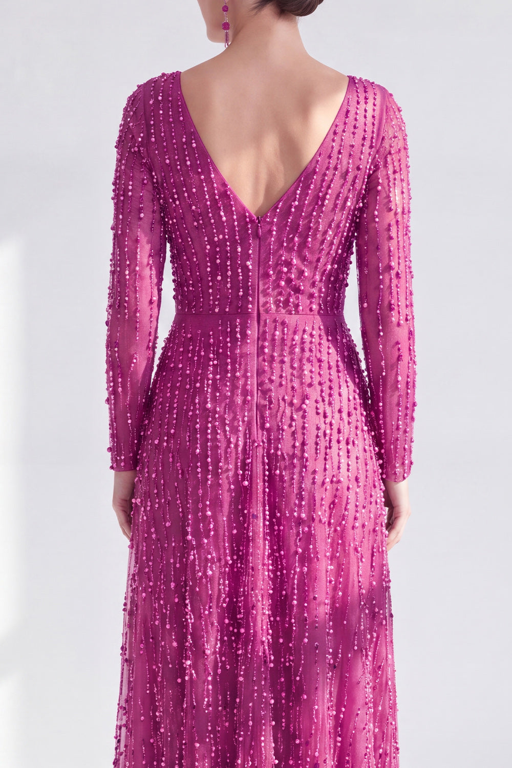 A-Line Dark Purple V-Neck Long Mother of the Bride Dress with Long Sleeves
