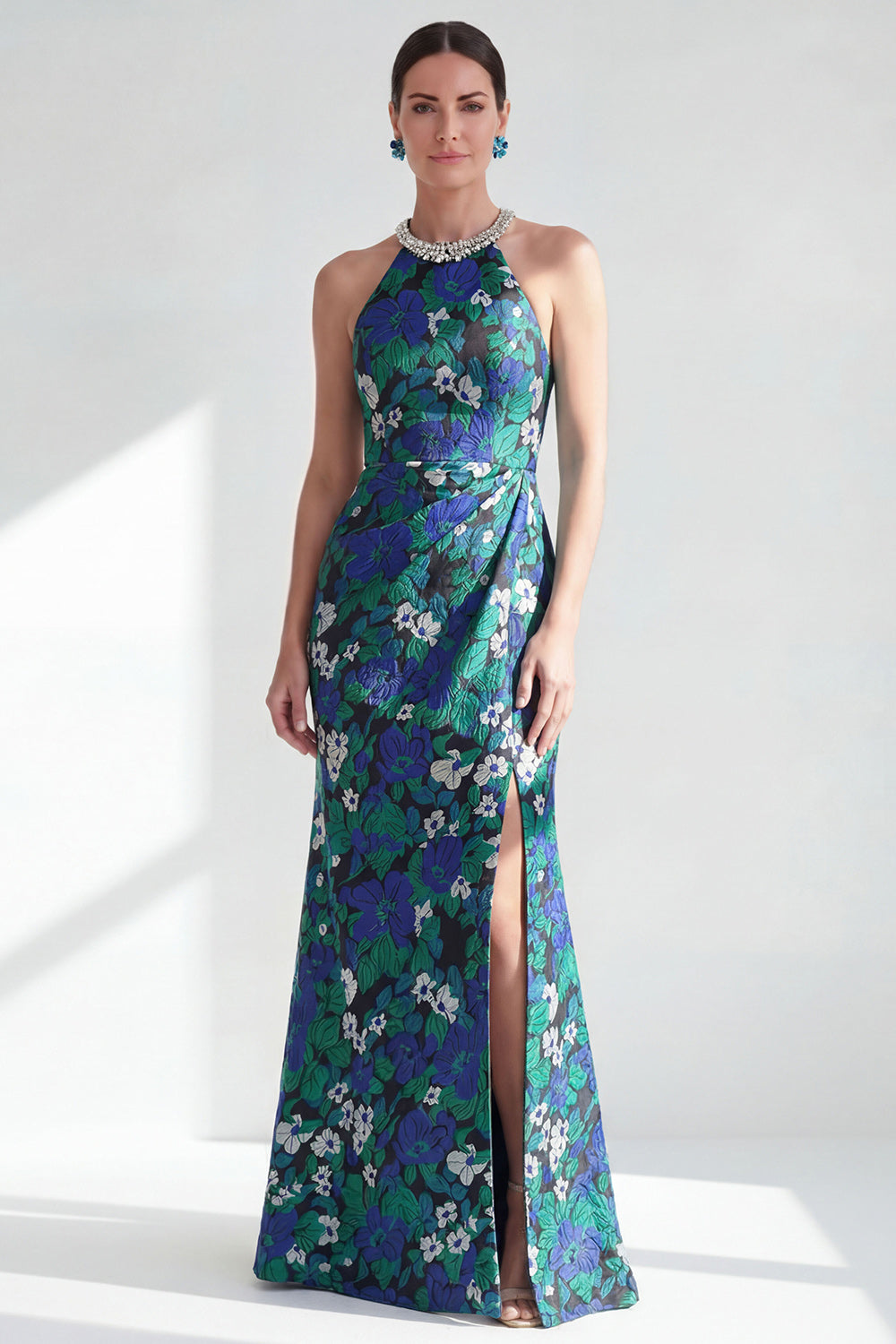 Halter Neck Green Flower Mermaid Beaded Ruched Long Mother of the Bride Dress with Slit