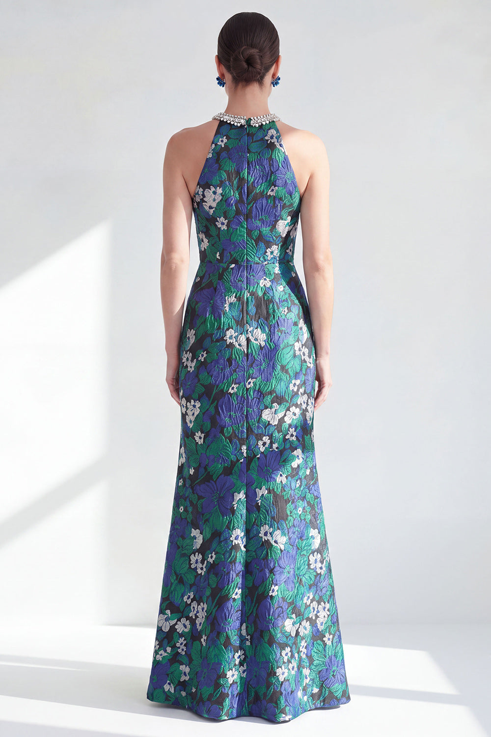 Halter Neck Green Flower Mermaid Beaded Ruched Long Mother of the Bride Dress with Slit