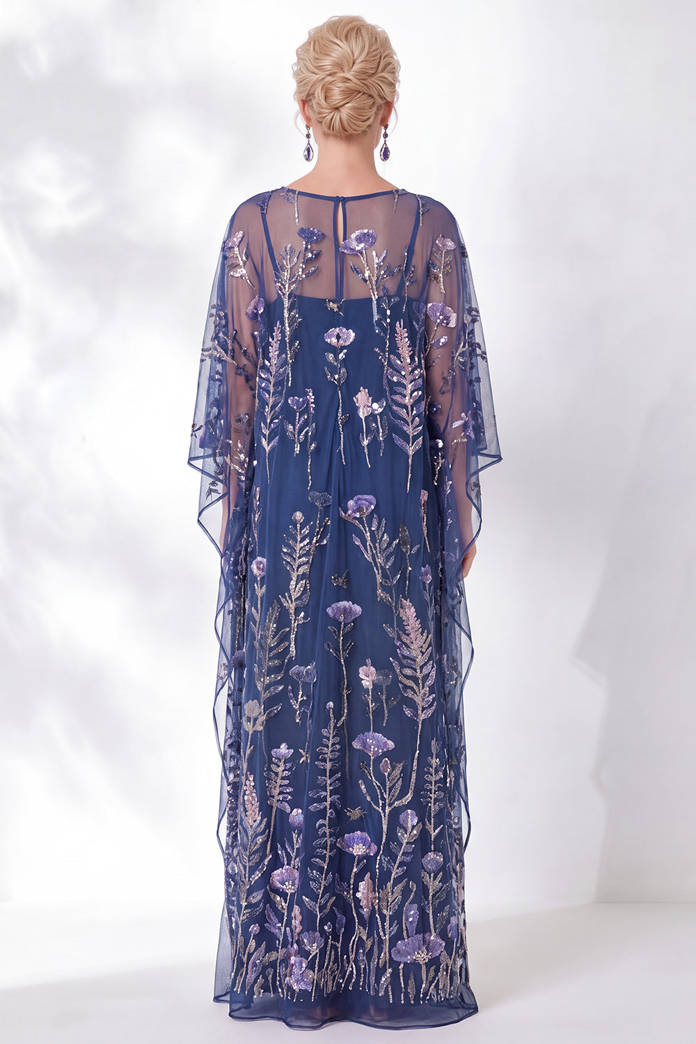 Navy Sheath Floral Round Neck Embroidered Mother Of the Bride Dress