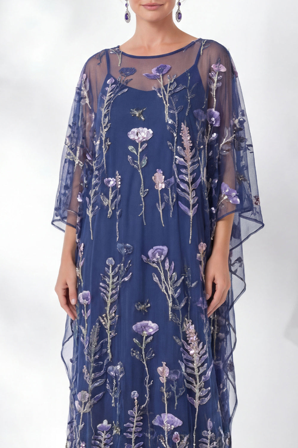 Navy Sheath Floral Round Neck Embroidered Mother Of the Bride Dress