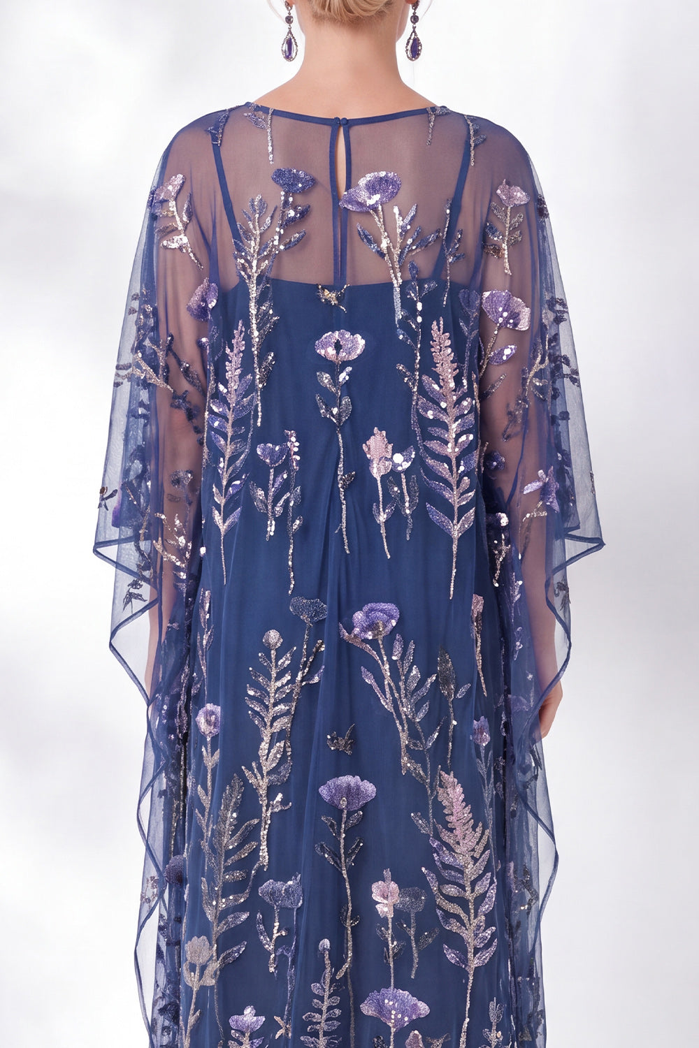 Navy Sheath Floral Round Neck Embroidered Mother Of the Bride Dress