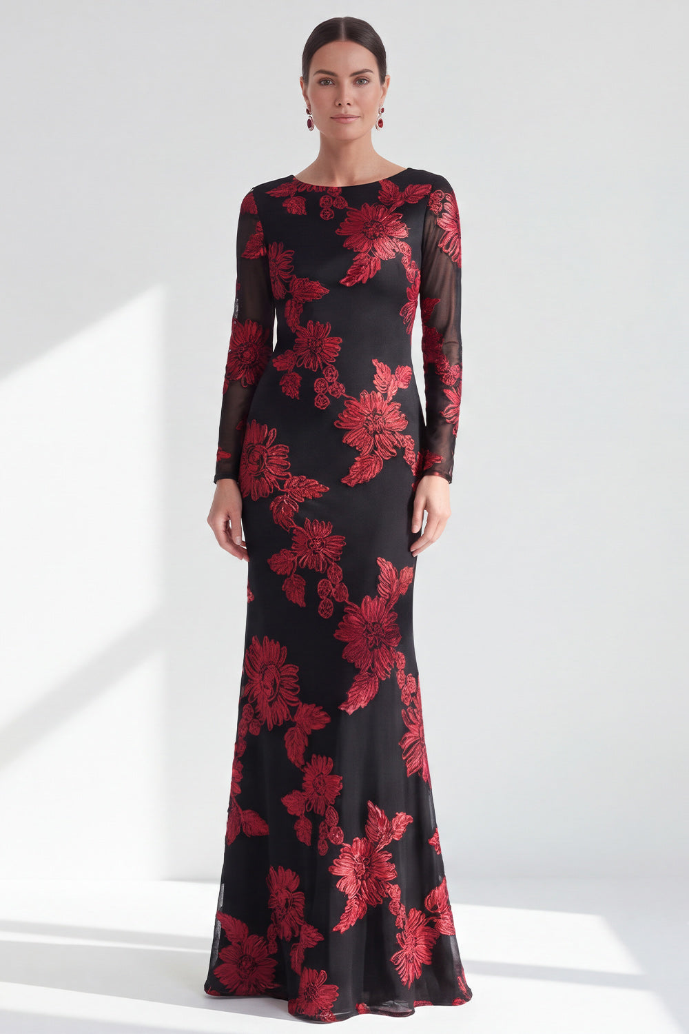 Red Mermaid Bateau Neck Floral Long Mother of the Bride Dress