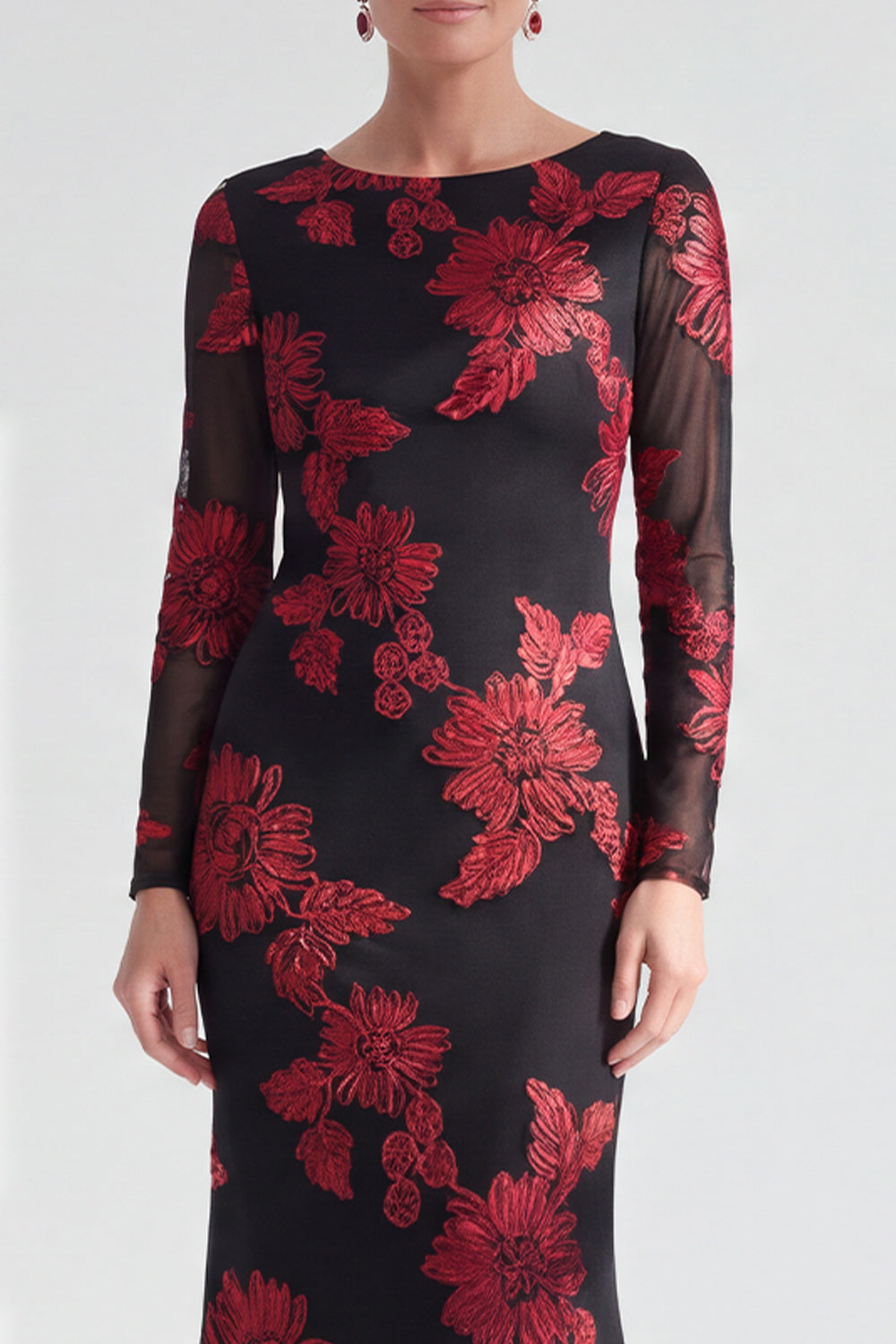 Red Mermaid Bateau Neck Floral Long Mother of the Bride Dress