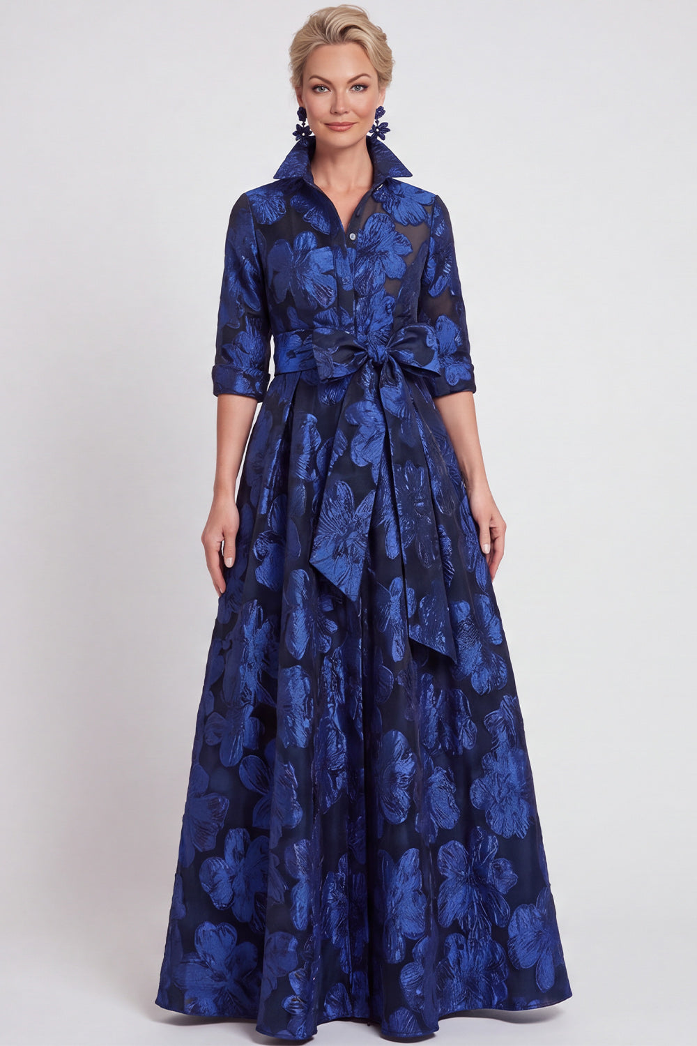 A-line Navy Floral Jacquard Half Sleeves Long Mother of the Bride Dress with Belt