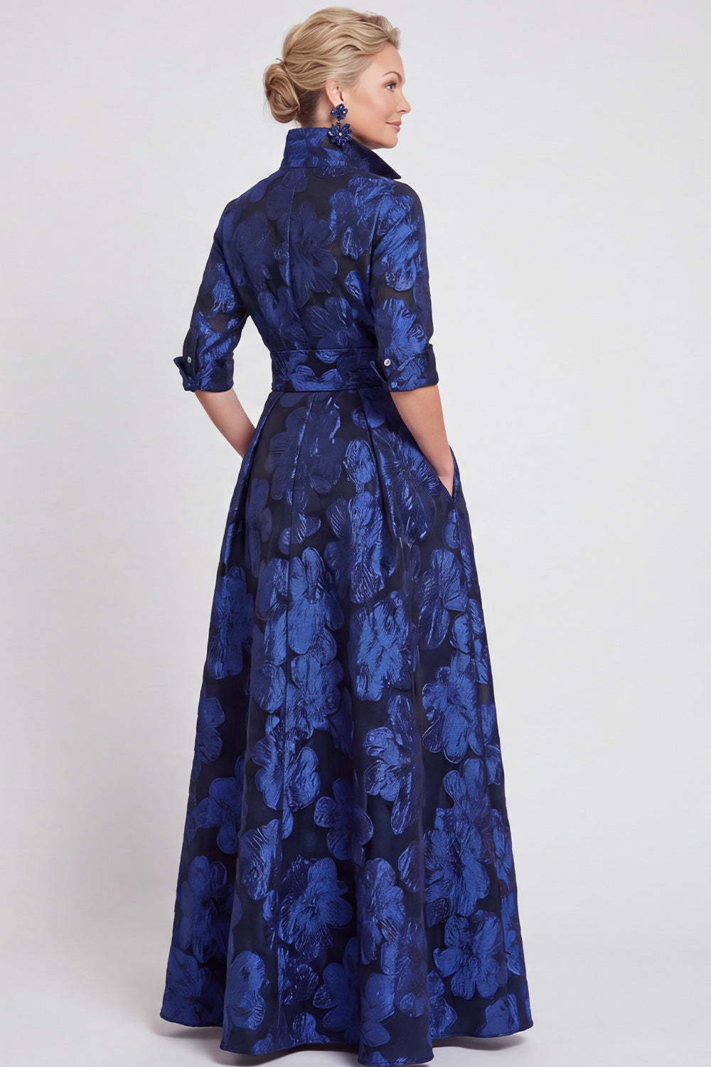 A-line Navy Floral Jacquard Half Sleeves Long Mother of the Bride Dress with Belt