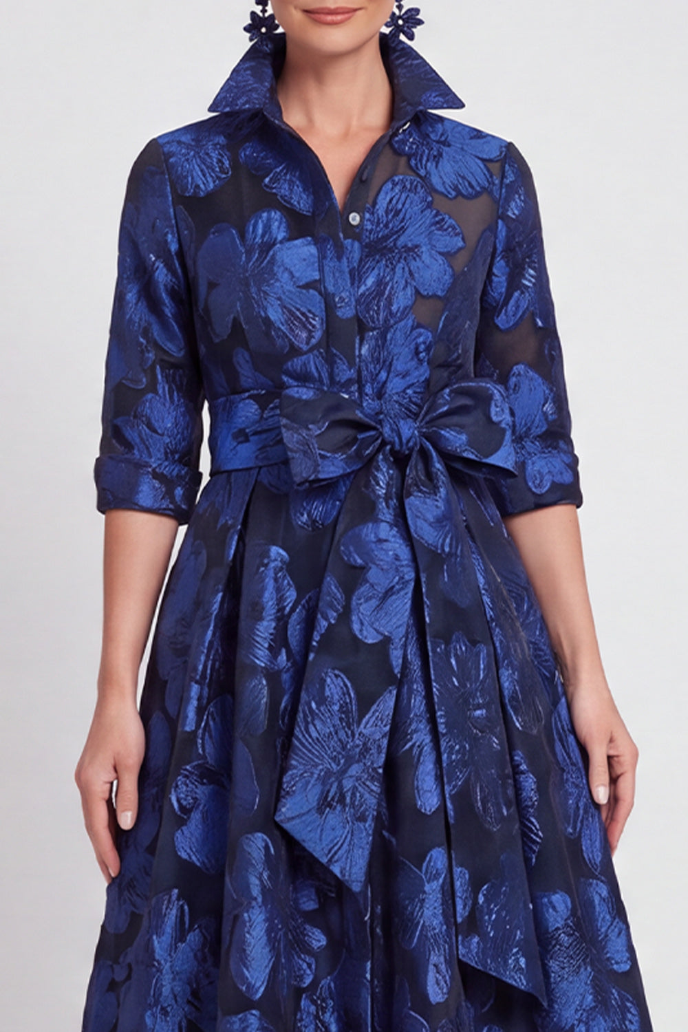 A-line Navy Floral Jacquard Half Sleeves Long Mother of the Bride Dress with Belt