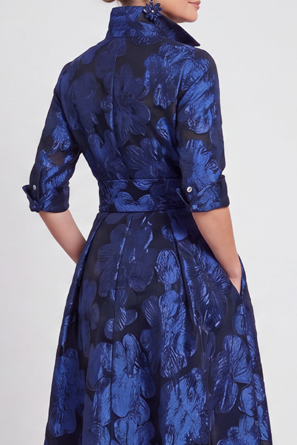 A-line Navy Floral Jacquard Half Sleeves Long Mother of the Bride Dress with Belt
