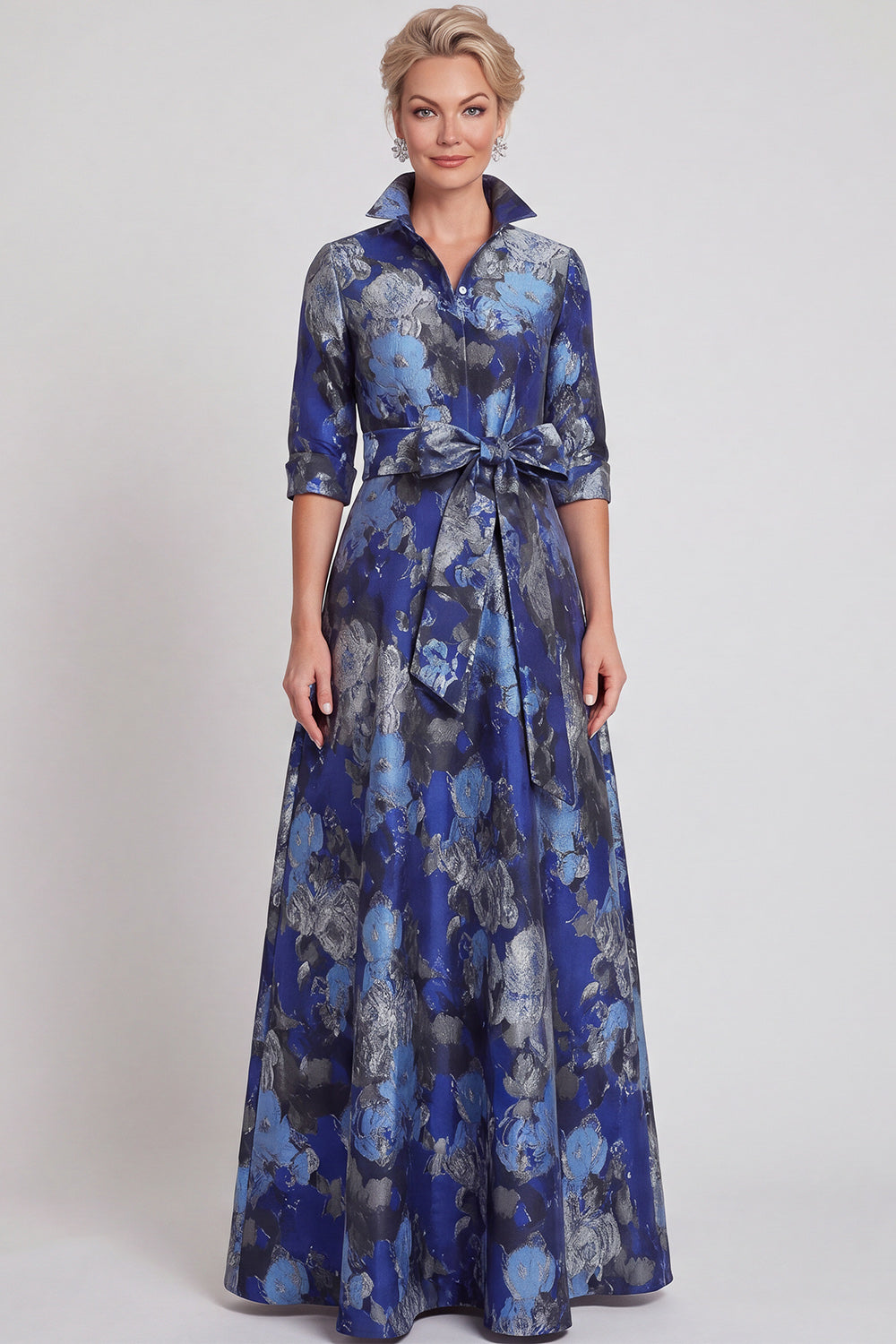 A-line Navy Floral Jacquard Half Sleeves Long Mother of the Bride Dress with Belt
