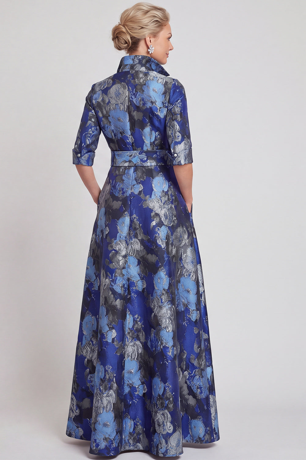 A-line Navy Floral Jacquard Half Sleeves Long Mother of the Bride Dress with Belt