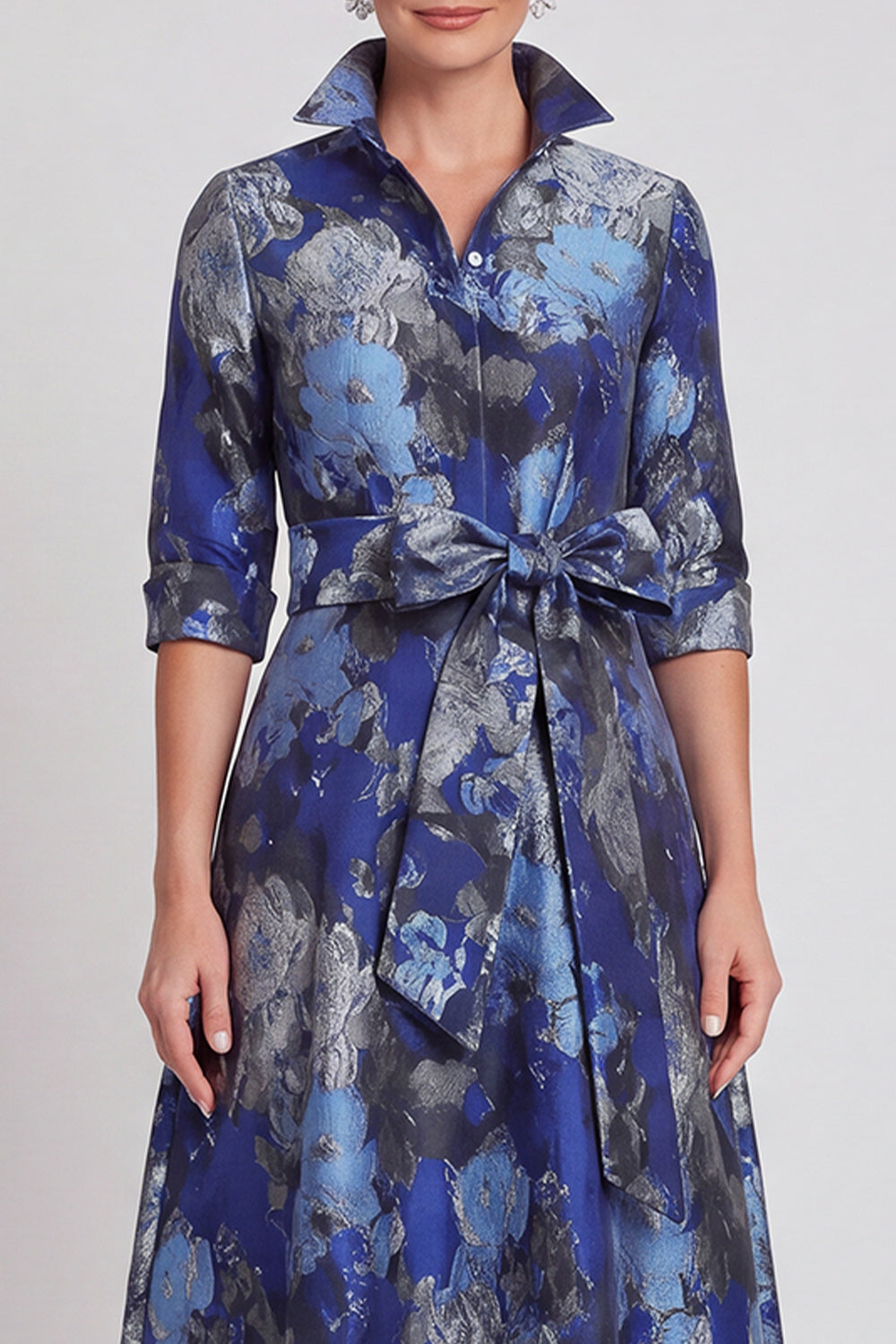 A-line Navy Floral Jacquard Half Sleeves Long Mother of the Bride Dress with Belt