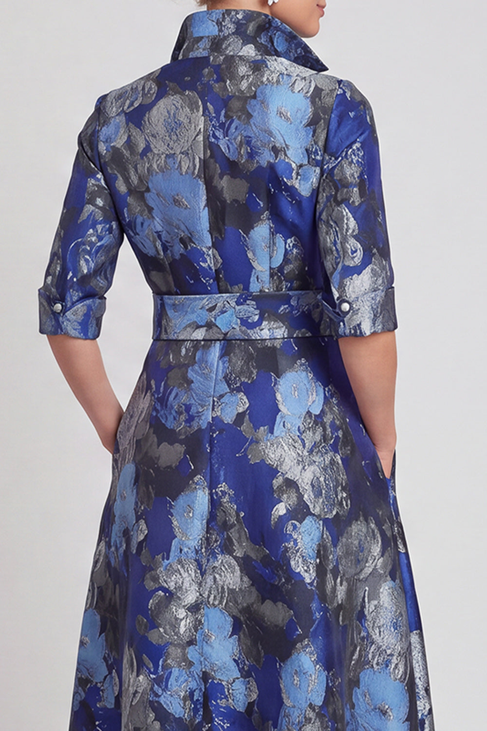 A-line Navy Floral Jacquard Half Sleeves Long Mother of the Bride Dress with Belt