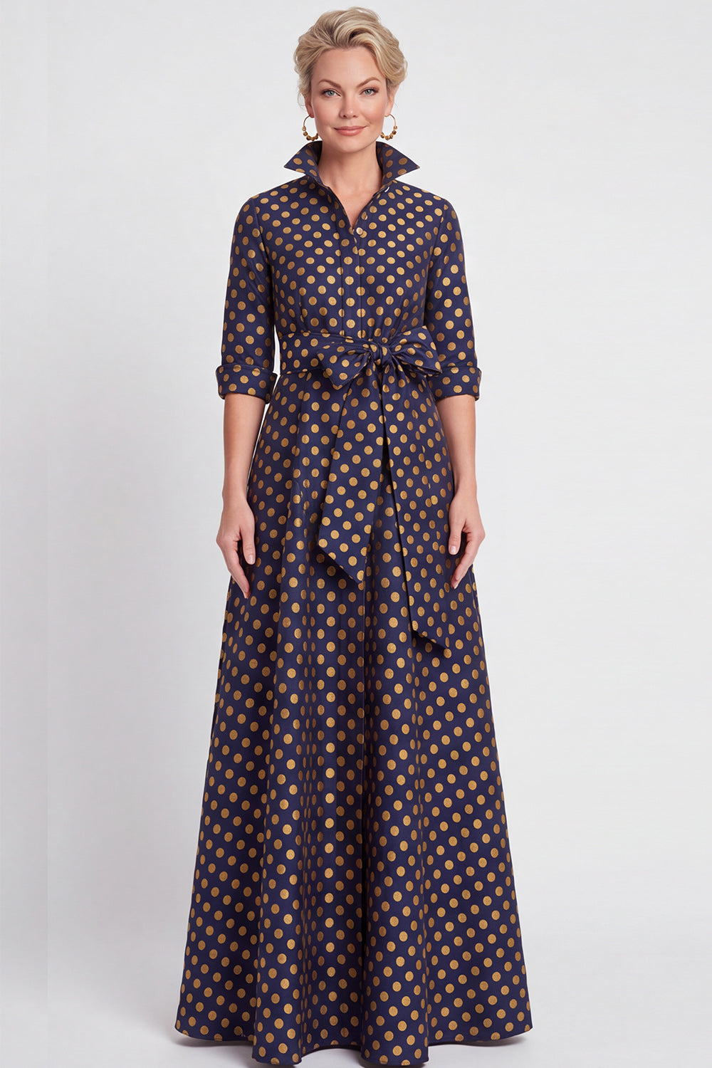 A-line Navy Floral Jacquard Half Sleeves Long Mother of the Bride Dress with Belt