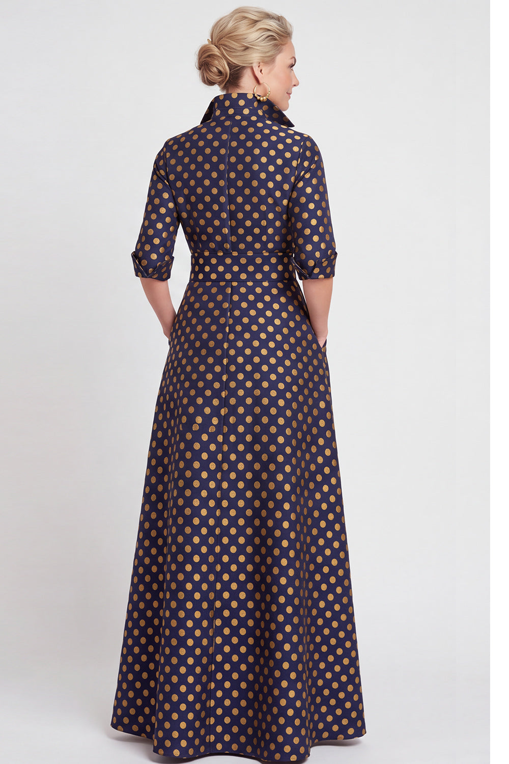 A-line Navy Floral Jacquard Half Sleeves Long Mother of the Bride Dress with Belt