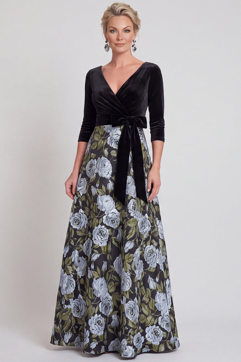 Blue Flower A-Line V-Neck Long Mother of the Bride Dress with 3/4 Sleeves