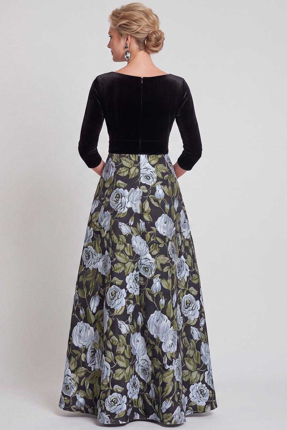 Blue Flower A-Line V-Neck Long Mother of the Bride Dress with 3/4 Sleeves