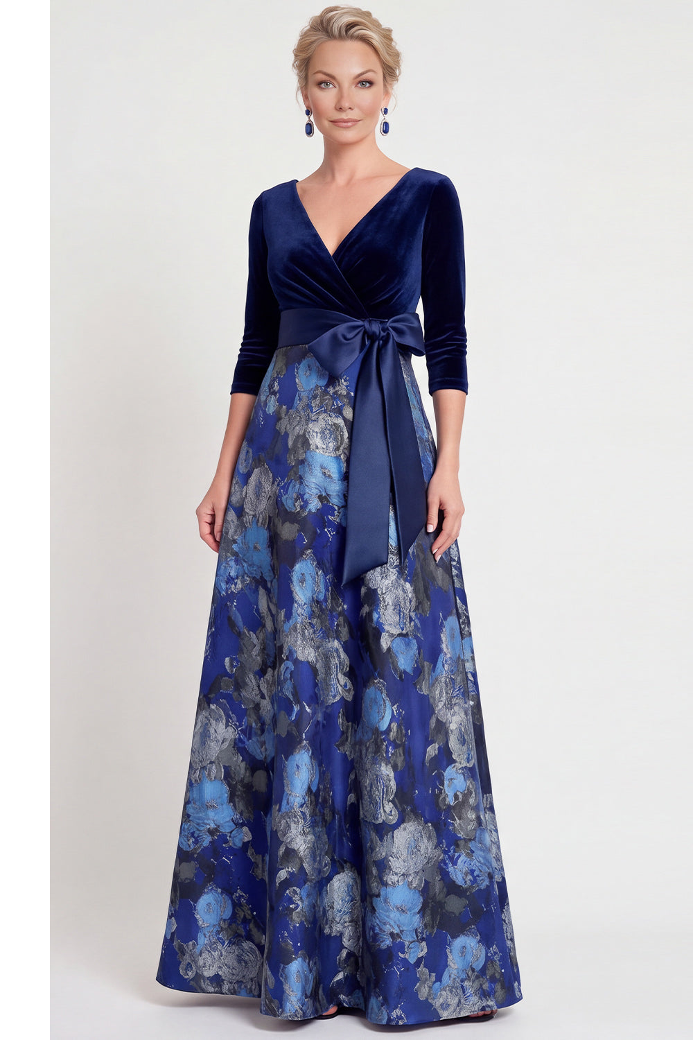 Blue Flower A-Line V-Neck Long Mother of the Bride Dress with 3/4 Sleeves