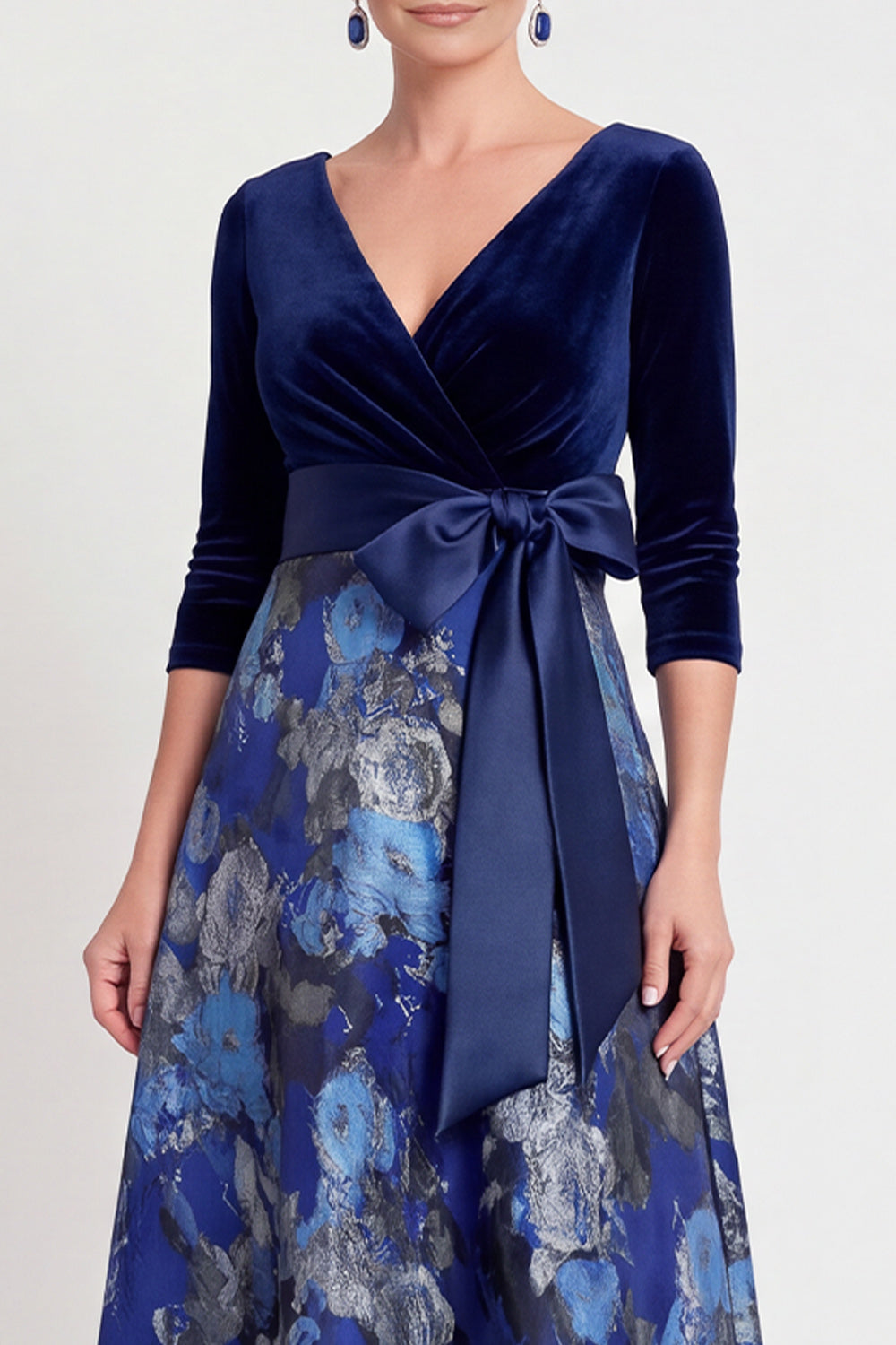 Blue Flower A-Line V-Neck Long Mother of the Bride Dress with 3/4 Sleeves