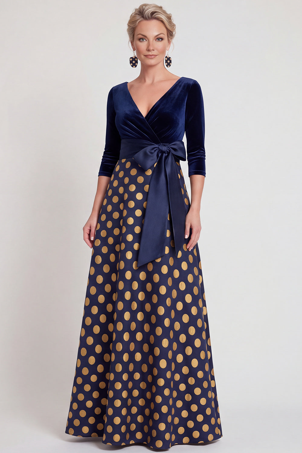 Blue Flower A-Line V-Neck Long Mother of the Bride Dress with 3/4 Sleeves